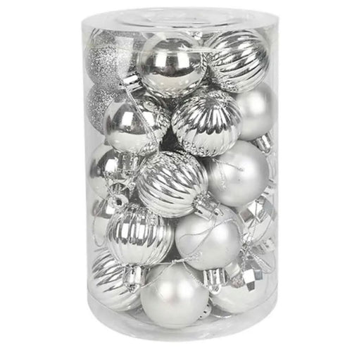 34 Bolas De Natal Prata Mista C/ Glitter 6cm